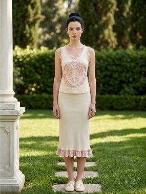 POL - Cream Knit Pink Lace Trim and Heart Detail Tank Top